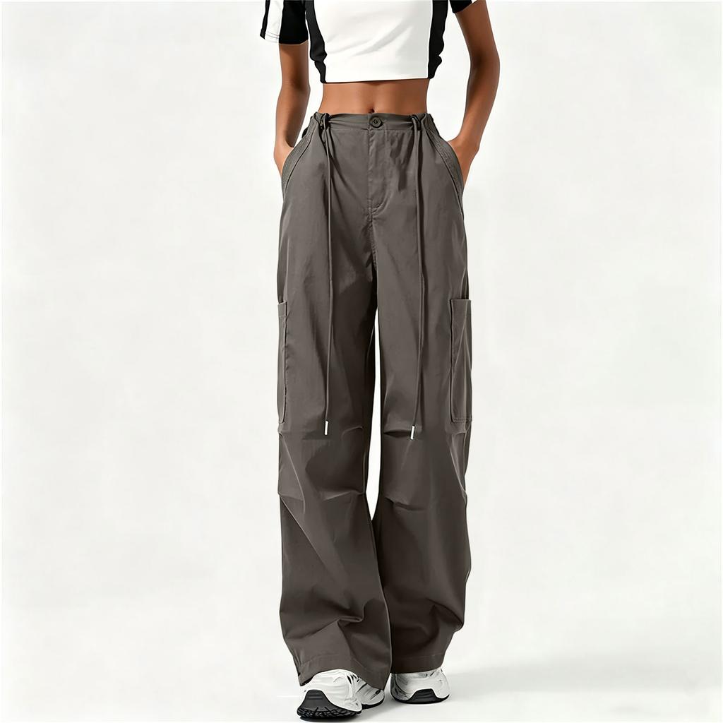 Women's High Waist Wide Leg Cargo Pants Loose Fit Casual Trousers with Pockets Adjustable Waistband and Button Closure