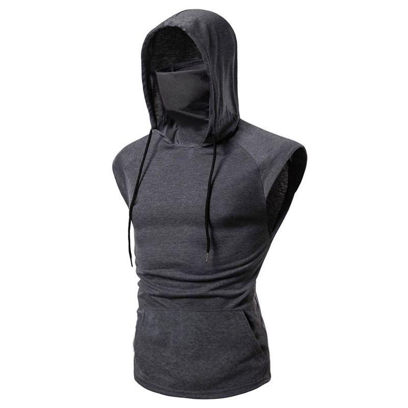 Stylish Men's Hooded Pullover T Shirt Tank Top With Protective Mask For Active Wear