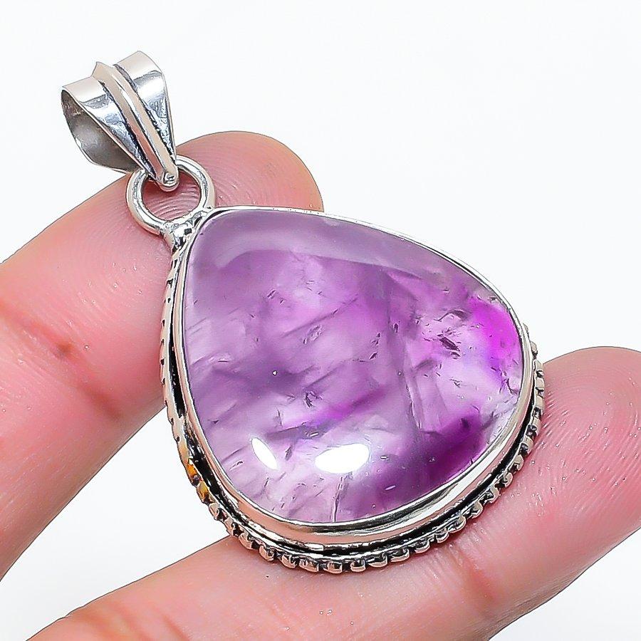 Natural Sage Amethyst Gemstone 925 Sterling Silver Jewelry Pendant 1.77" AP-15481