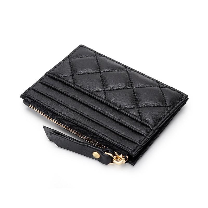 Soft Sheepskin Short Wallet Style Diamond-check Zipper Change Purse Genuine Leather Multi-card ID Bag