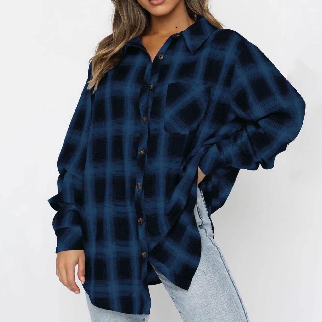 Women's  And Winter Mid-Length Lapel Cardigan Single-Breasted Pocket Plaid Shirt Top