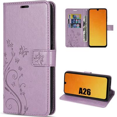 Case for Samsung Galaxy A26 5G - BOOLING - Shockproof Synthetic Leather Purple Embossed Butterfly Pattern