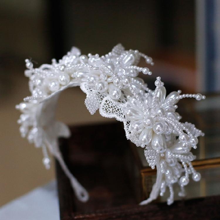 Floral Hand Beaded Pearls Headbands Bridal Hairband Shimmering Pearls for Bride Wedding Props Bride Costume