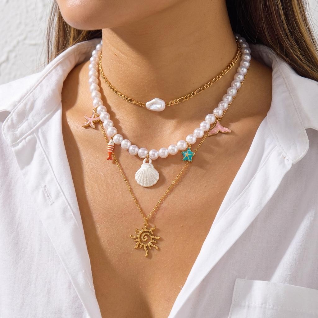 

Elegant Faux Pearl Beaded Chain Necklace for Women Summer Ocean Style Seashell Starfish Fish Pendant Choker Vacation Jewelry