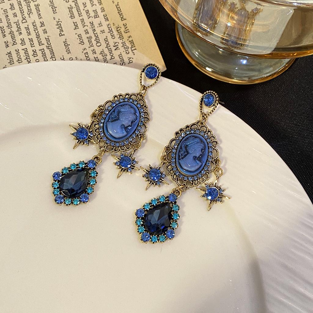 Geometric Retro Palace Style Blue Water Drop Irregular Fashion Light Luxury High-end Sense Earrings
