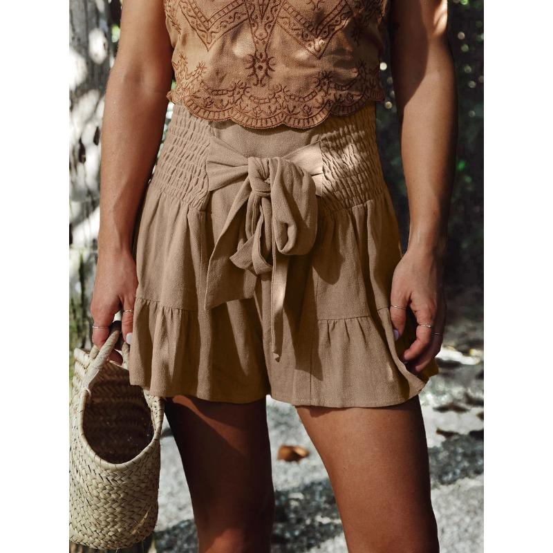 Summer Women's Shorts Cotton Linen Ruffle Fashion Wide Leg Shorts Draped Casual Pants