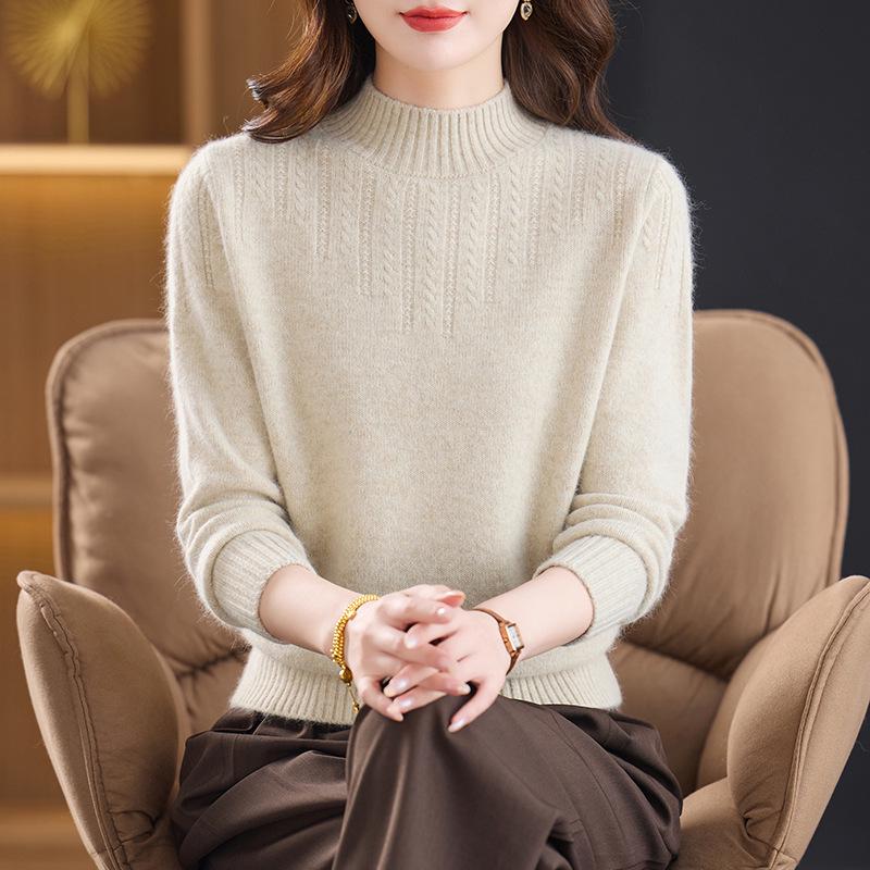 New Pure Wool Sweater for Middle-Aged & Elderly Women - Stylish, Warm, Half-High Collar, Thickened for Autumn/Winter