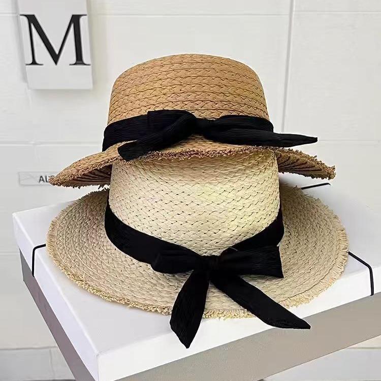 

Seaside outing beach hat flat top straw top hat breathable comfortable straw hat summer sunshade sun protection hat female bow M（56-58cm） хакі
