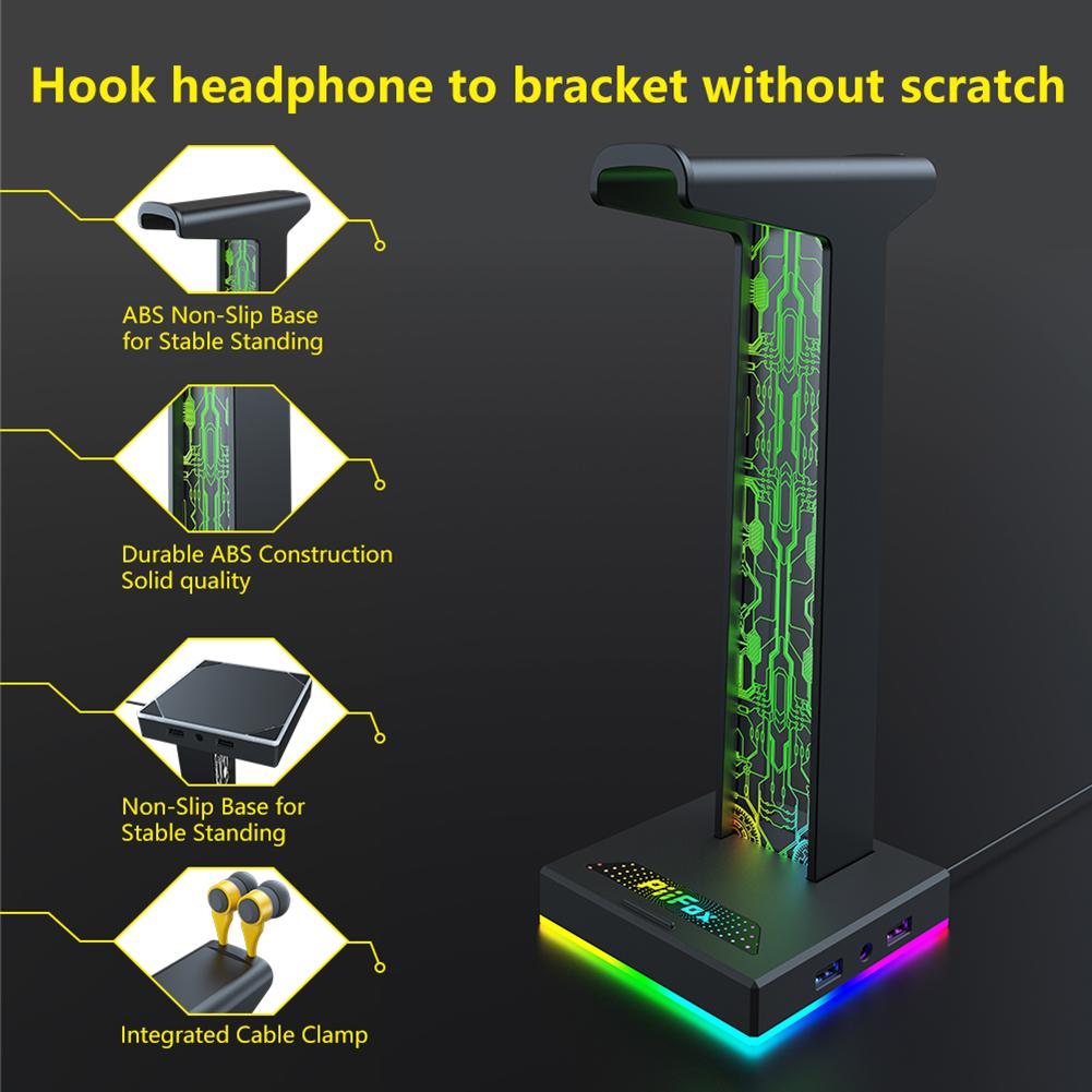 RGB Gaming Headphone Stand 10 Lighting Effects Dual USB Port 3.5mm Audio Port Desktop Gaming Headset Holder Hanger for Gamer PC