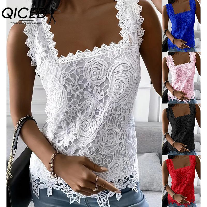 QICED Sommer Quadratischer Ausschnitt Spitze Ärmelloses Weste T-Shirt Top