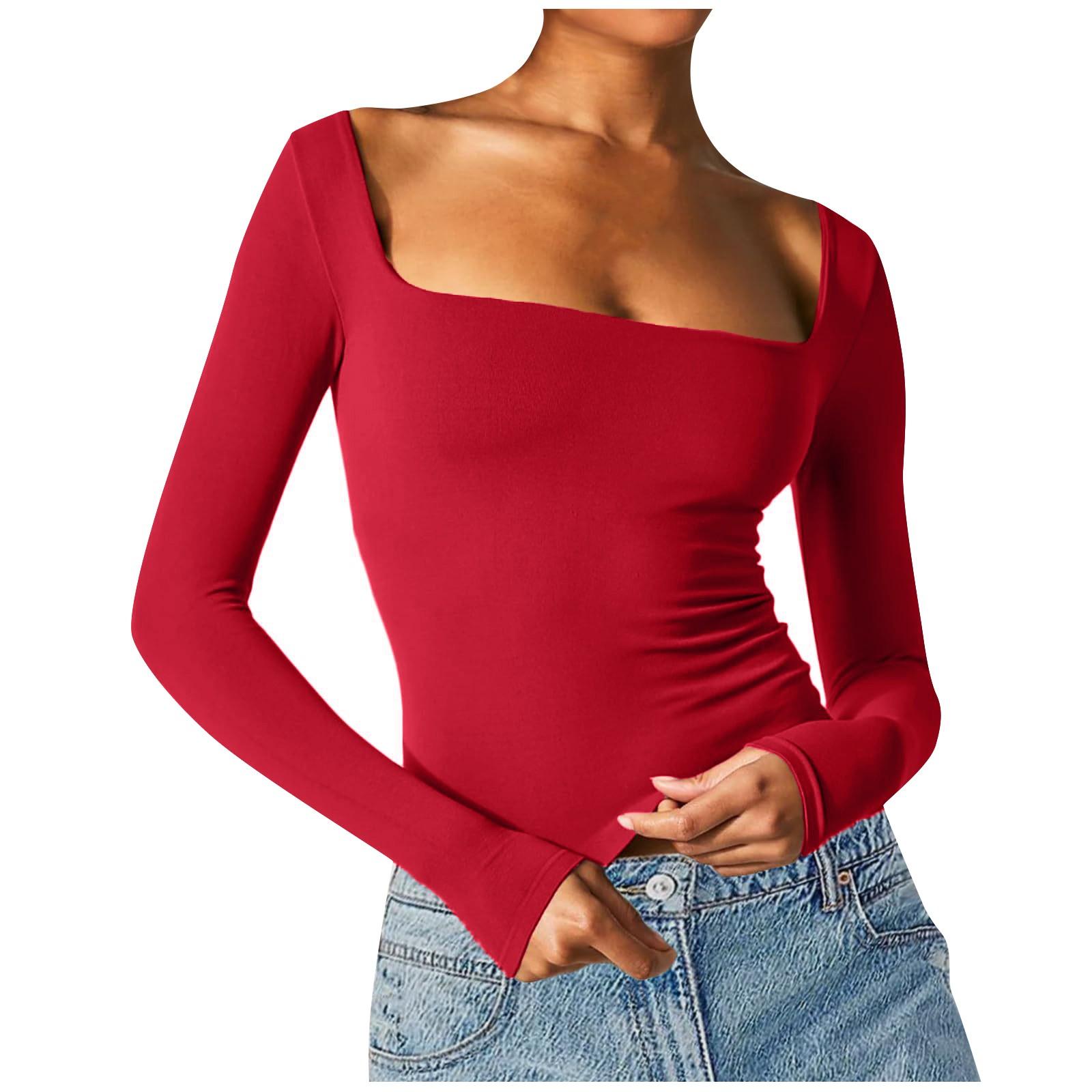 

Women s Fashion Long Sleeve Color Slim Square Neck Bottoming Shirt T-Shirt Top S красный