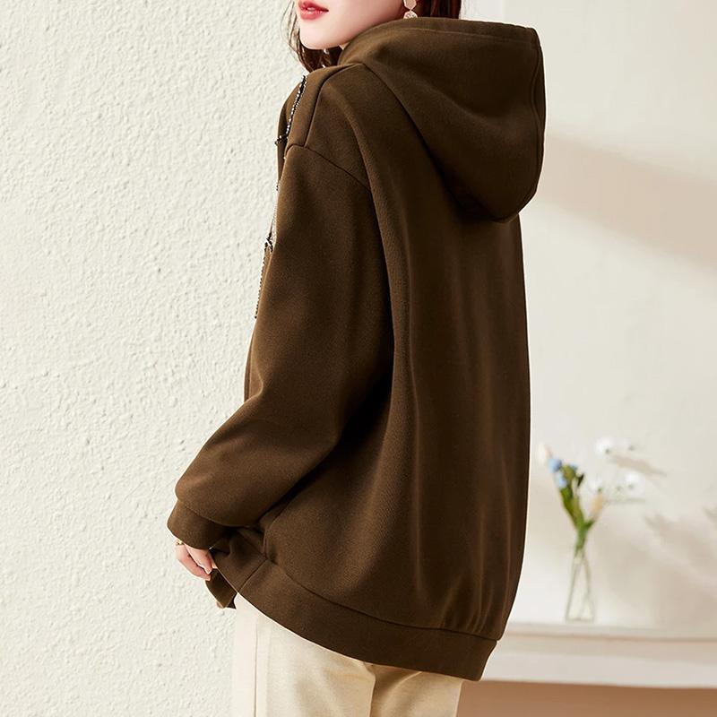 Bluza damska bawełniana oversize z kapturem z polaru pogrubiona luźna z okrągłym dekoltem casualowa wkładana top bluza z długim rękawem