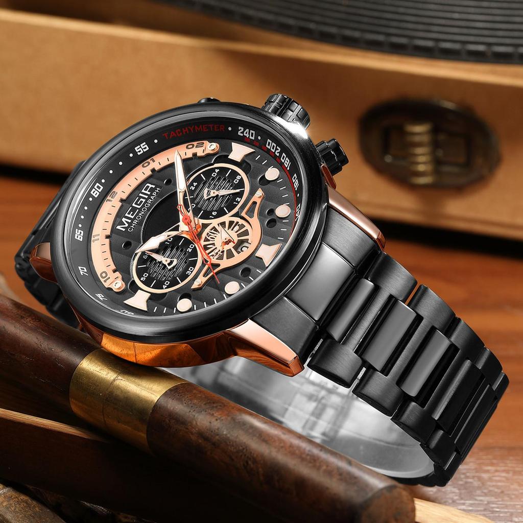 MEGIR 48MM Big Dial Men Watch Luxury Stainless Steel Waterproof Luminous Quartz Chronograph Sport Wristwatch Male Clock Reloj Hombre 2223