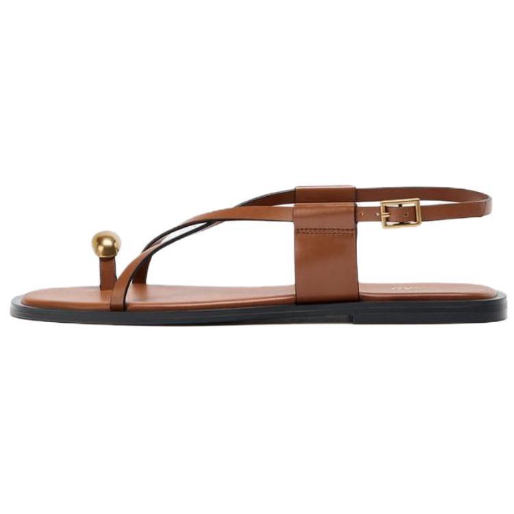 Zara Pu Open-Back Fashion Metal Decor Flat Sandals Women Sandals Brown 1641510105