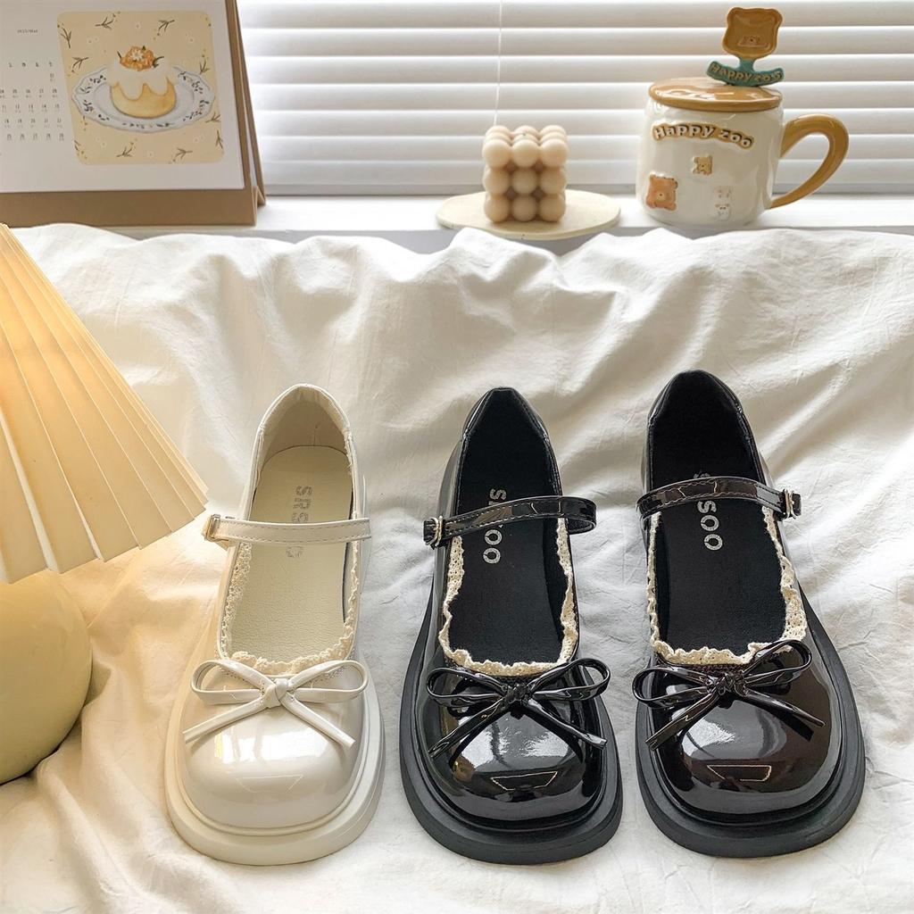 French round head bow thick heel Mary Jane shoes summer 22 new jk British style small leather shoes