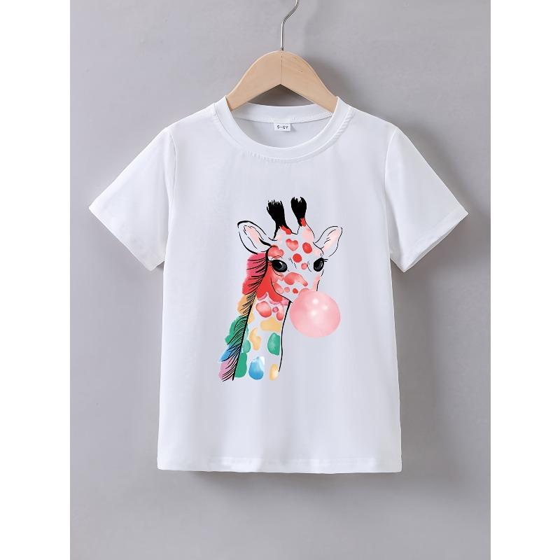 European Size Childrens Crew Neck Short Sleeved T Shirt with Giraffe Bubble Pattern