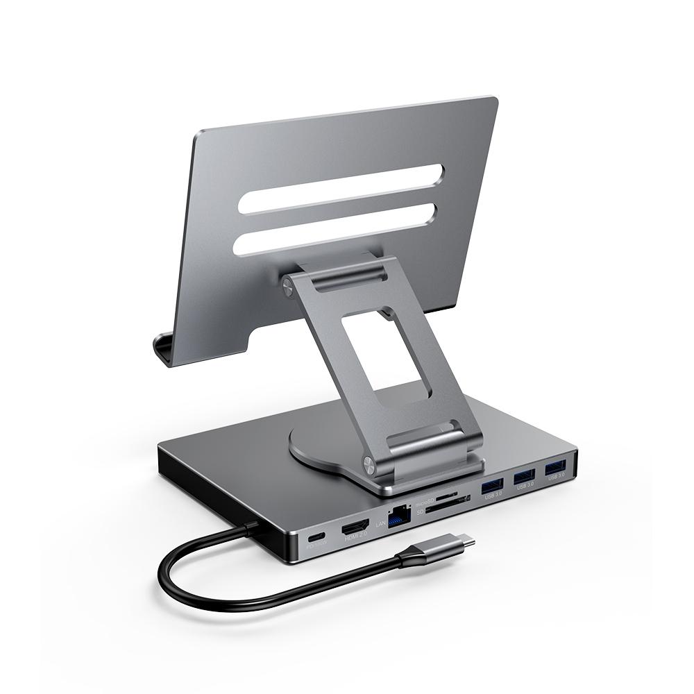 iPad Pro USB C Hub Stand, Foldable Design 360° Rotatable Multiport Docking Station, 9 In 1 Adapter with LAN 4K HD SD/TF USB 3.0