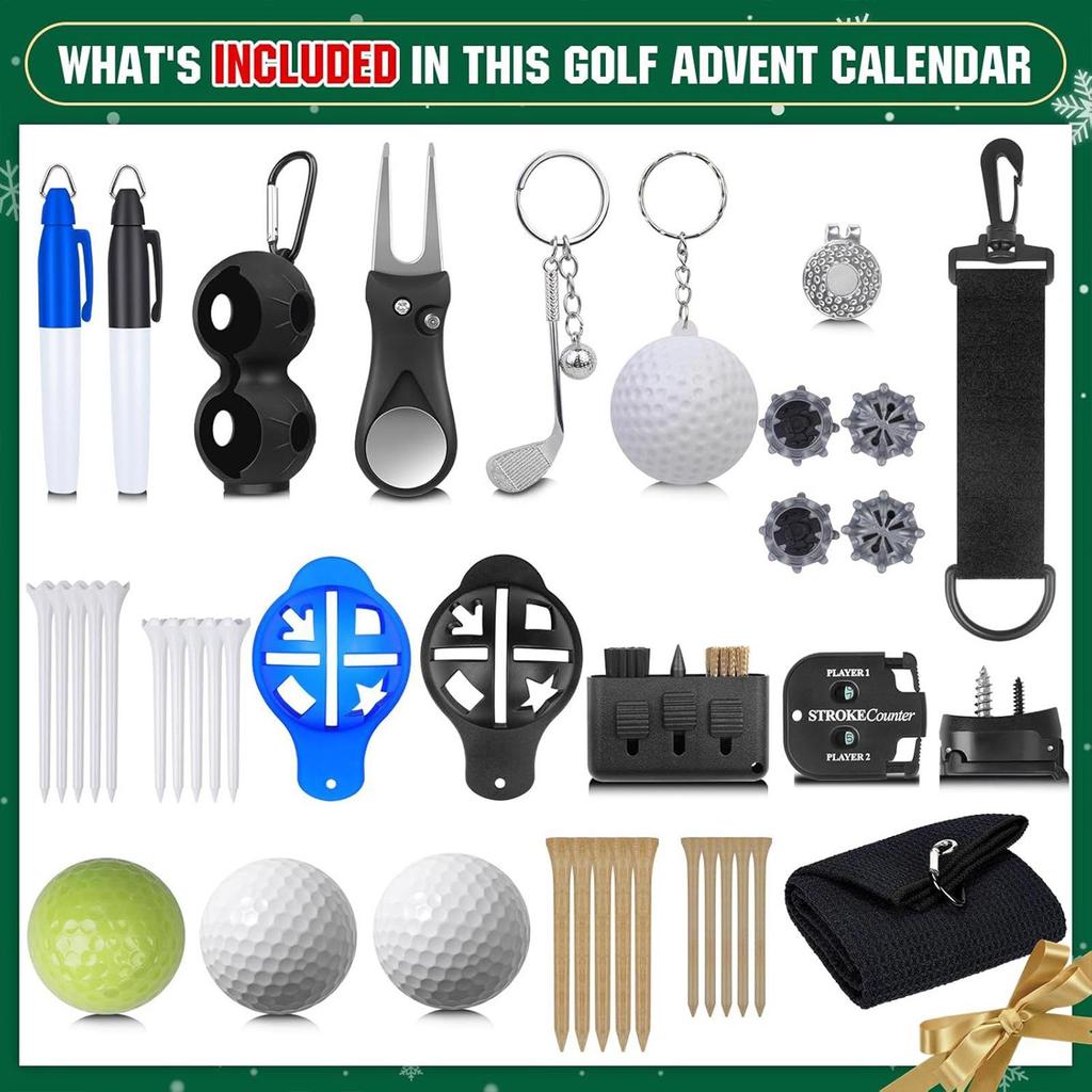 Weihnachts-Countdown-Kalender Weihnachts-Kalender 2026 Golf 24 Fächer Zubehör-Set Golf-Thema für Männer Frauen Jungen Mädchen