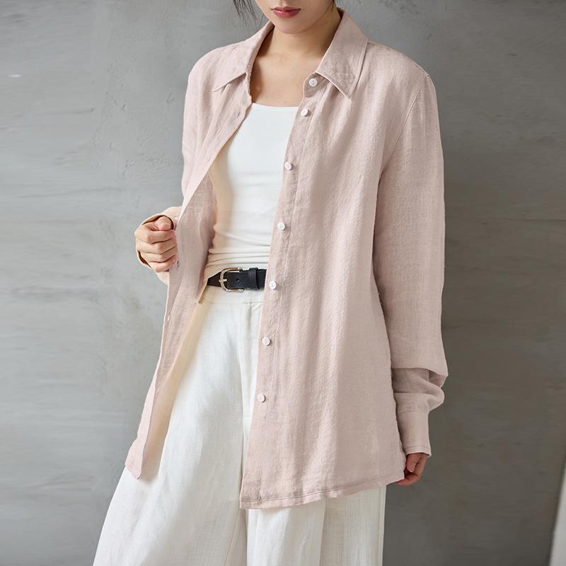 Autumn Women's Pure Linen Relaxed Shirt Jacket - Loose, Long Sleeve, Simple Cardigan