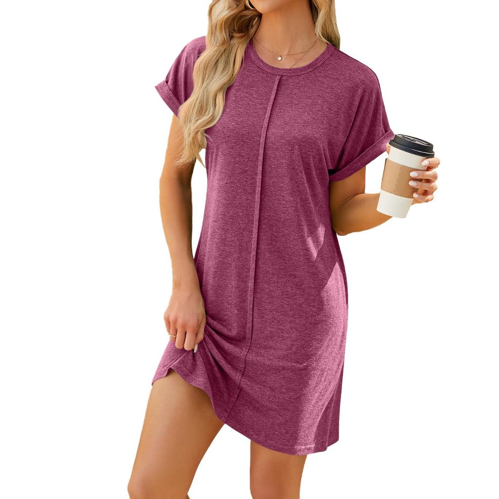 Spring Summer Women's Casual Solid Color Crew Neck Loose Short Sleeve Dress For Cross-border Export