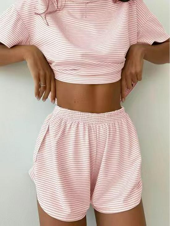 2024 Women's Autumn Striped Knit Pajama Set – Loose Short-Sleeve Shirt & Shorts, Fashionable Homewear