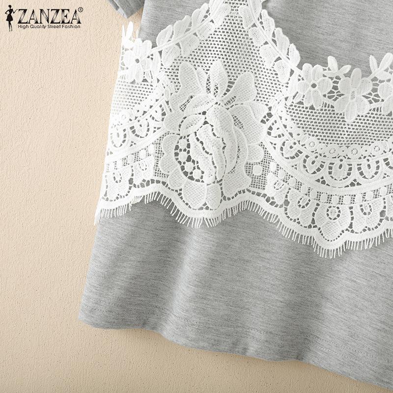 ZANZEA Women Summer Round Neck Lace Patchwork Casual Short Sleeve T-shirt