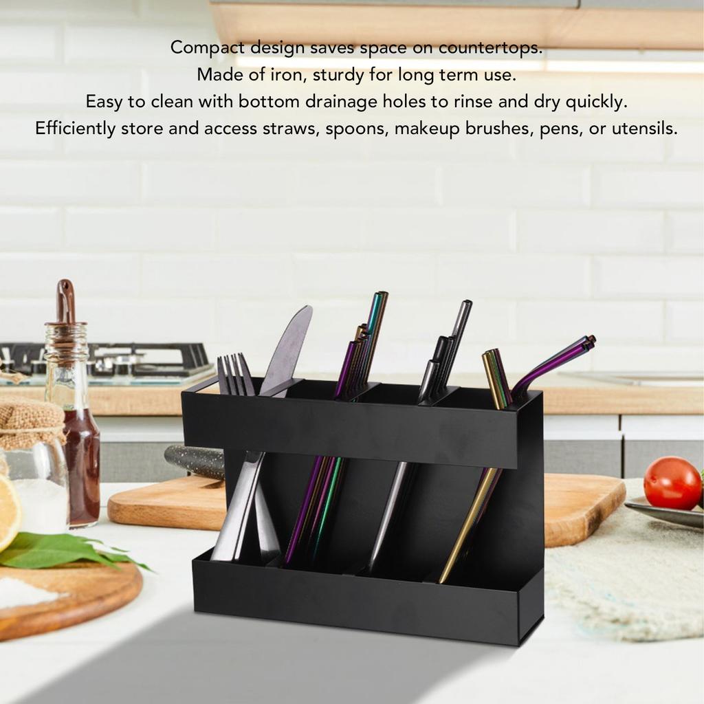 Straw Holder Chopstick Organizer 4 Compartments Straw Dispenser with Double Sided Adhesive Tape Label Stickers for Kitchen Counter