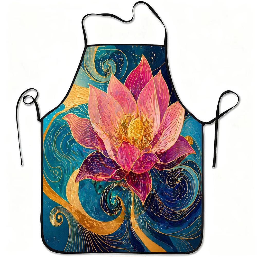 1pc Abstract Lotus Flower Art Print Apron, Durable And Easy To Clean, Adjustable Waistband, Polyester Material, for Kitchen Cooking, Gardening, Orchar