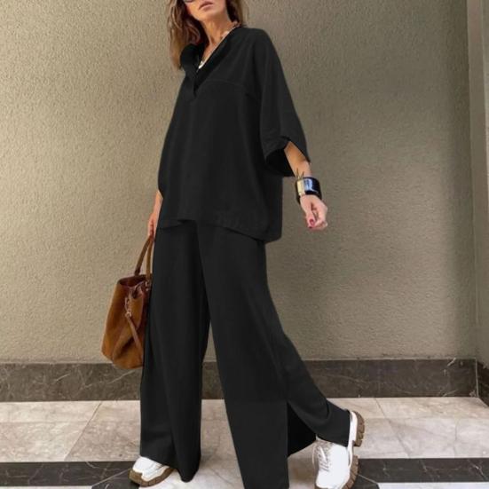 Women's Two-Piece Outfit Oversized 3/4 Sleeve Pullover Top And Wide Leg Pants Set Fall Casual Loose Lounge Set