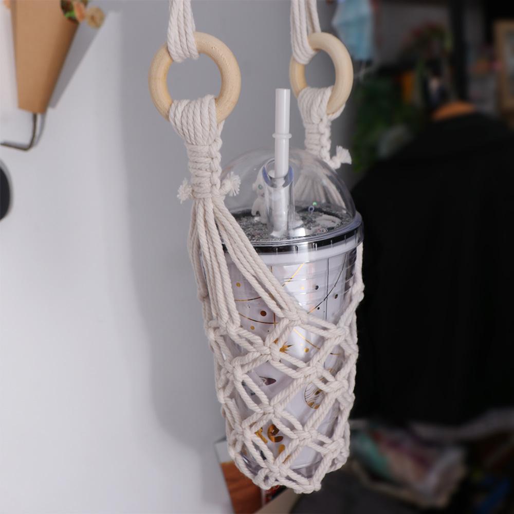Hand-woven Hanging Bottle Net Bag Hollow Out Coffee Cup Holder Knitting Water Bottle Holder Hiking