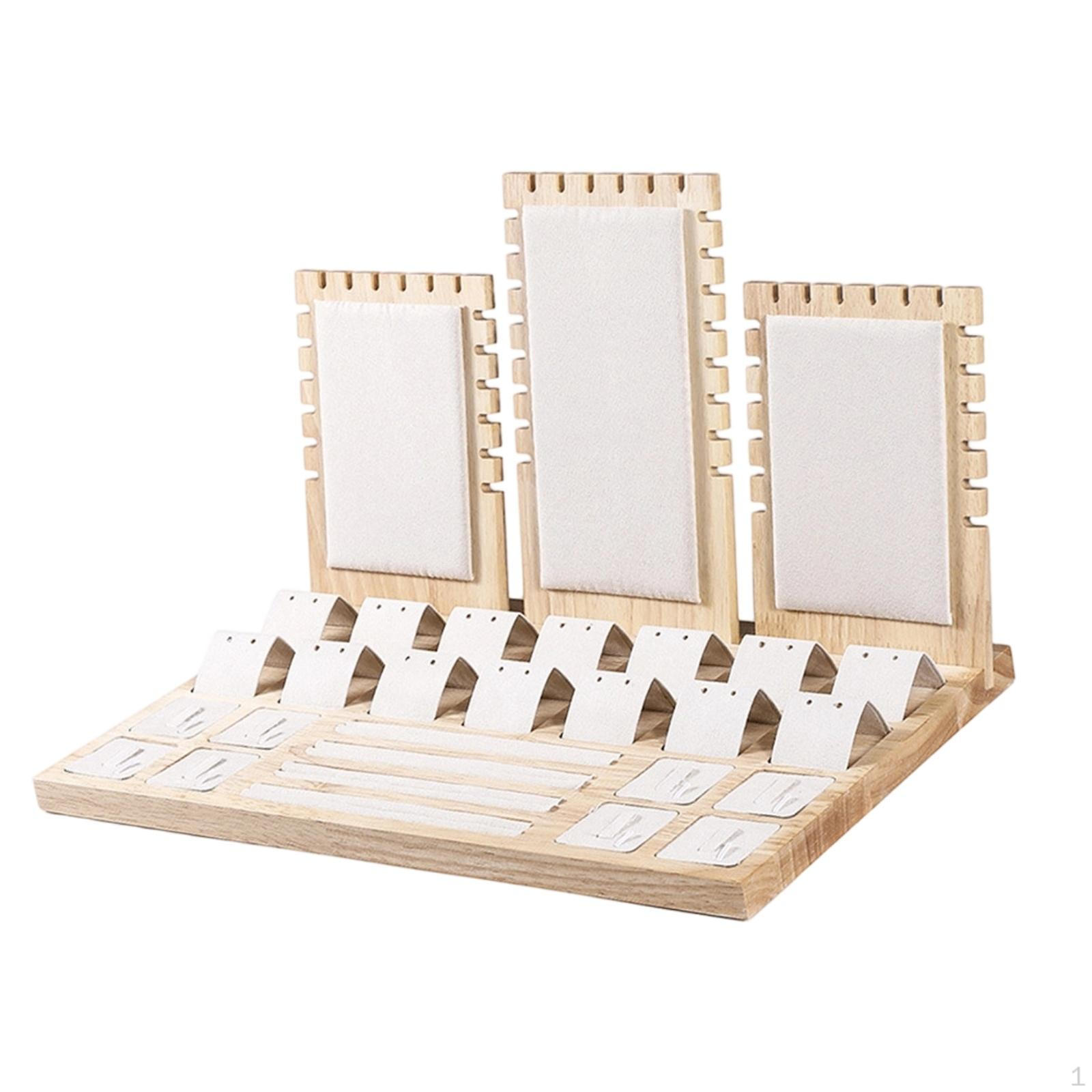 Wood Jewelry Display Rack MultiSection Band and Earring Stand SuedeLike Beige Velvet SET