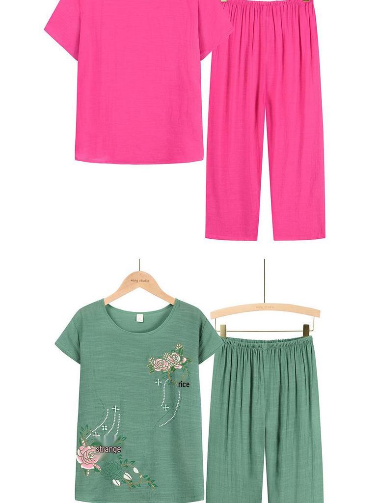 Summer Two-Piece Set: Short-Sleeved T-Shirt and Pajama Pants for Middle-Aged and Elderly Women