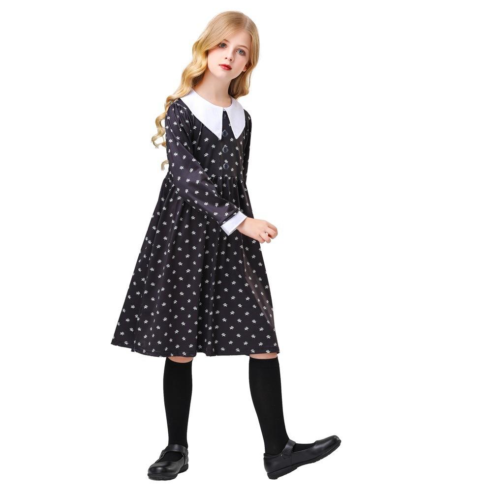 New Children's Girls Halloween Adams Costume Party Stage Costume Long Black Dress