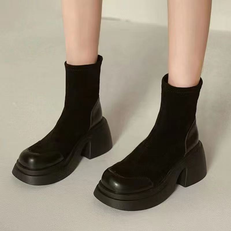 Size 35-43, Large Size Women's Shoes High Heel Martin Boots Women's 41 Thick Heel Retro Fleece Skinny Boots British Short Boots 42