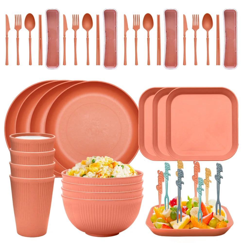 48pcs Plate Sets Eco-Friendly Wheat Straw Ramen Bowl Tableware Dinner Dishes Set Camping Tableware Set With Knife Fork Spoon