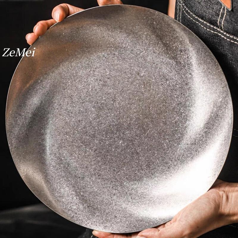 Stainless Steel Circle Dinner Plate, Home Steak Plate, Water Ripple Dinner Dishes Hamburger Fries Tray Tableware, Kitchenware