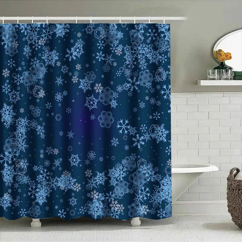Snowflake Blue Bath Shower Curtain Waterproof Decorative Home Textile For Bathroom Dark Navy Floral Pattern