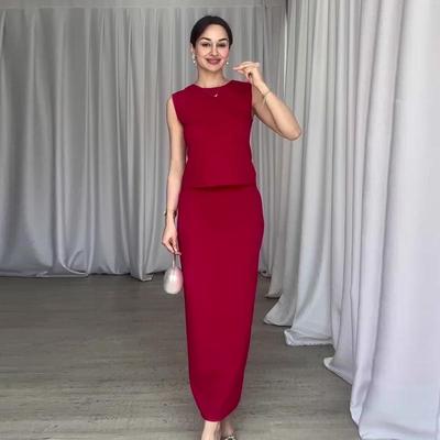 2024 Summer Women's Solid Color Round Neck Casual Two-piece Set Skirt