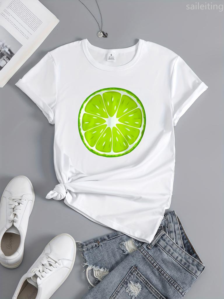 Lemon Print T-Shirt Casual Crew Neck Harajuku Sleeve Casual Womens Clothing Street Tops Aesthetic Clothes Aesthetic Clothes
