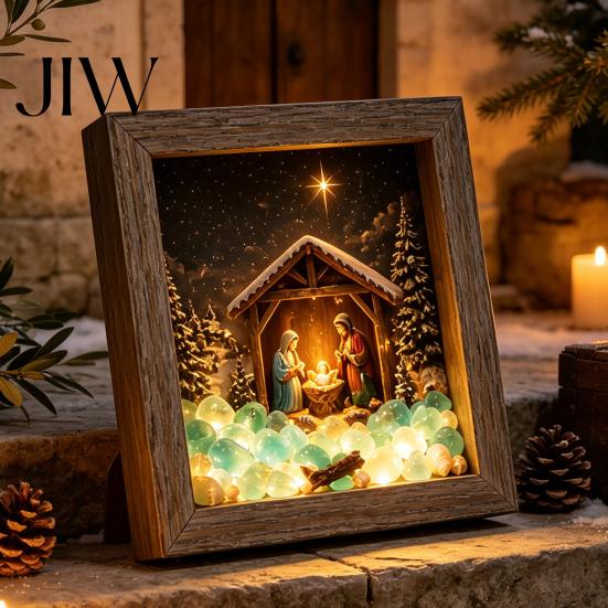 Winter Birthday Present Christmas Snowy Night Light Picture Frame, Vintage Wooden Frame 3D Mini Retro Wood Photo Landscape Lamp, Desktop Atmosphere