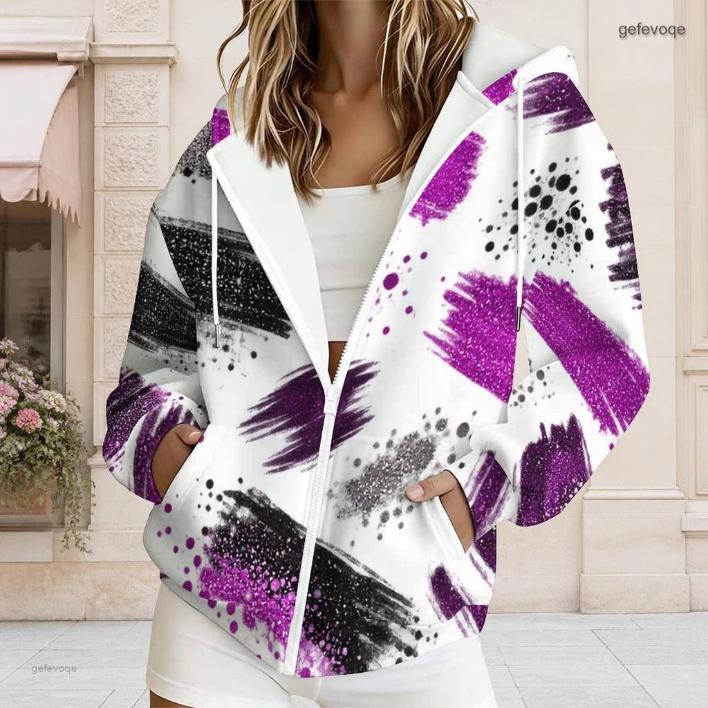 Women Plus Size Zip Up Drawstring Hoodie Long Sleeve Colorful Paint Splash Print With Pockets