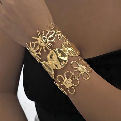 Stainless Steel Wide Bangles for Women Exaggerated Hollow Flower Sun Geometric Cuff Bracelet Vintage Wedding Jewelry Gifts