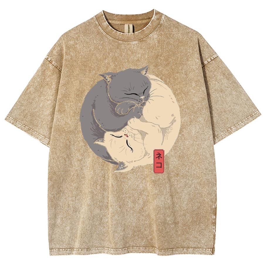 Japanese Two Cat Print Women Washed T-Shirt Oversized Loose Cotton Half-Sleeved Cute Anime Style Top Student Daily Tees