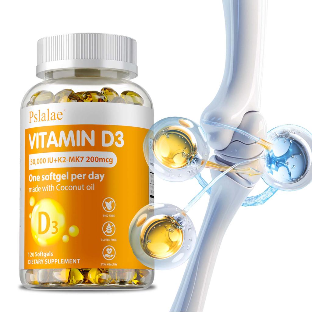 Vysoce účinný doplněk 2 v 1 vitamín D3 + K2, obsahující 50 000 IU vitamínu D3 a 200 mcg vitamínu K2 (MK-7) pro podporu zdraví kostí.