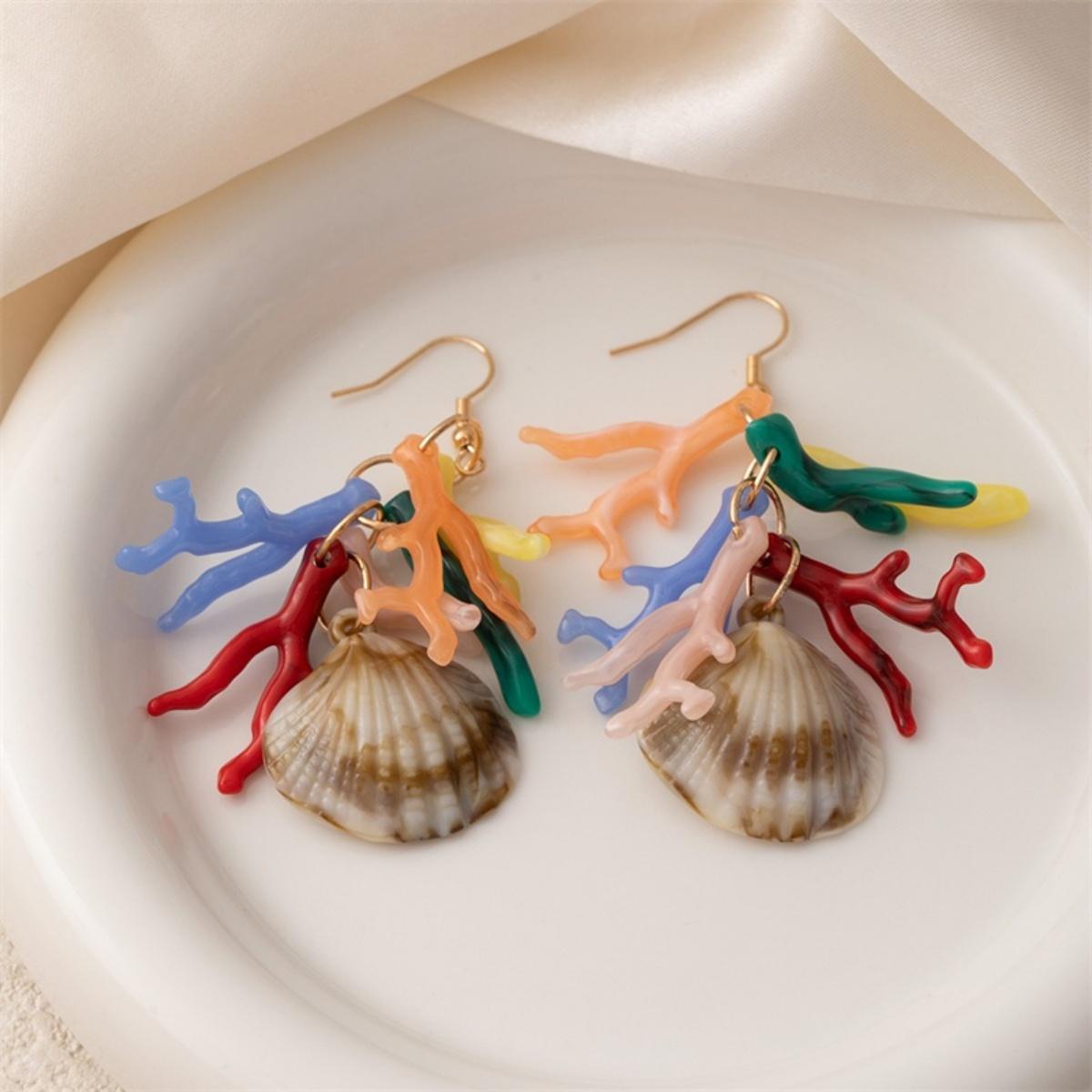 

Colorful Bohemian Acrylic Coral Shaped Heart Drop Earrings For Women Men Y2K Resin Conch Shell Sea Star Earrings Beach Jewelry