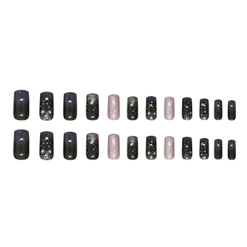 24 Stück Mittlere Quadratische Press-On Nägel Winter Blau Gradient Sternenlicht Vollabdeckung Falsche Nägel Set Nageldekorationen für Damen Mädchen