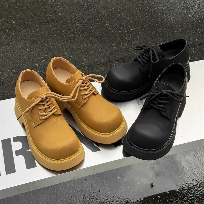 2025 new paris round head derby shoes muffin middle heel black matte thick sole heightening casual leather shoes
