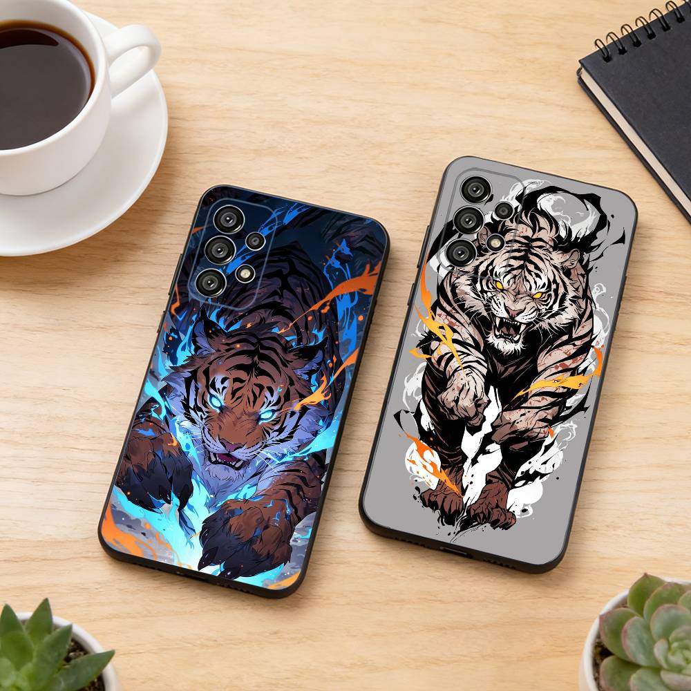 Cartoon Ferocious Tiger Phone Case For Samsung S25,S24,S21,S22,S23,S30,Ultra,S20,Plus,Fe,Soft Silicone Black Cover