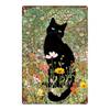 Black Cat Metal Wall Art 8x12 Inch Rustic Floral Decor with Green Leaves Pink Flowers