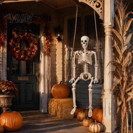 Indoor Outdoor Party Ornament Halloween Swinging Skeleton Decoration, 35" Large Spooky Hanging with Movable Joint Figurine Wooden Swing for